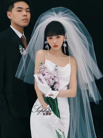 蓬蓬头纱新娘缎面轻长款复古领证拍照道具白色多层头饰结婚主婚纱