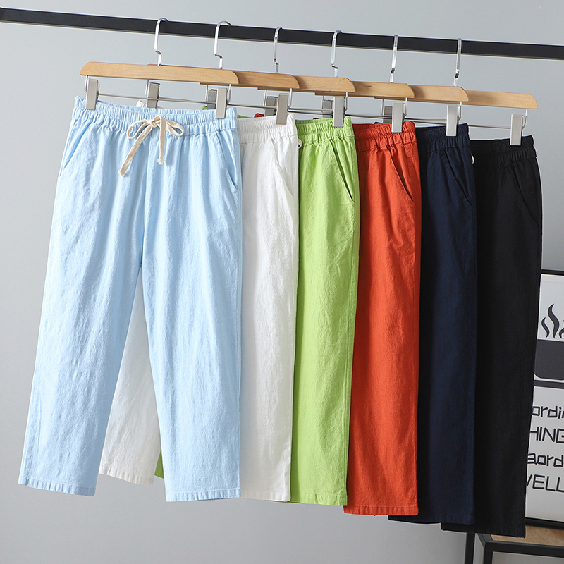 Plus-Size Summer Clothing with Elastic Waist, Trendy and Unique, Slimming Effect, Large Size, 100kg Cropped Pants for Women, Cotton and Linen Drawstring Pants