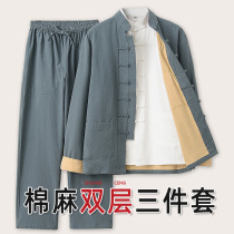 Spring and Autumn Tangclothing Mens Youth Middle Age Thats the Chinese Wind Suit Mens Cotton Linen Three Sets Aged Clothes Grandpa Costume