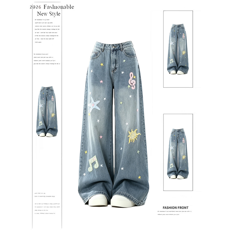 American Retro Musical Note Star Embroidery Jeans for Women, 2026 Summer New High-Waisted Loose Wide-Leg Pants