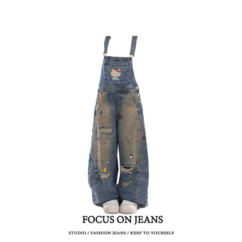 Designed with Embroidery, Kitty Distressed Overalls for Women, 2026 Spring New Style, Vintage Wide-Leg Jeans