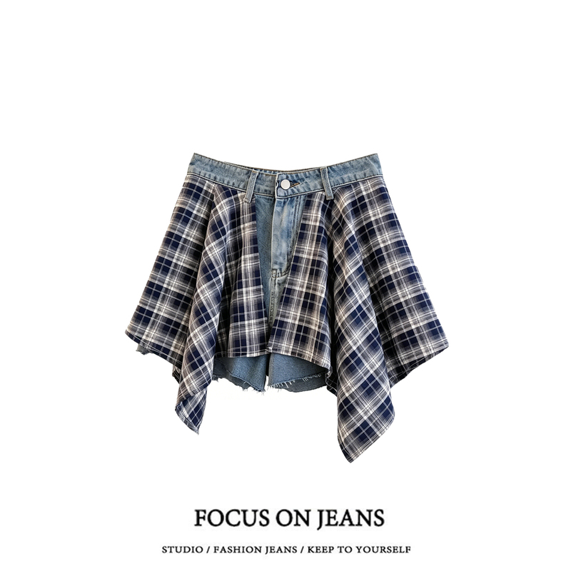 American-Style Plaid Patchwork Denim Shorts for Women, 2026 Summer New Irregular Design Skirt Pants