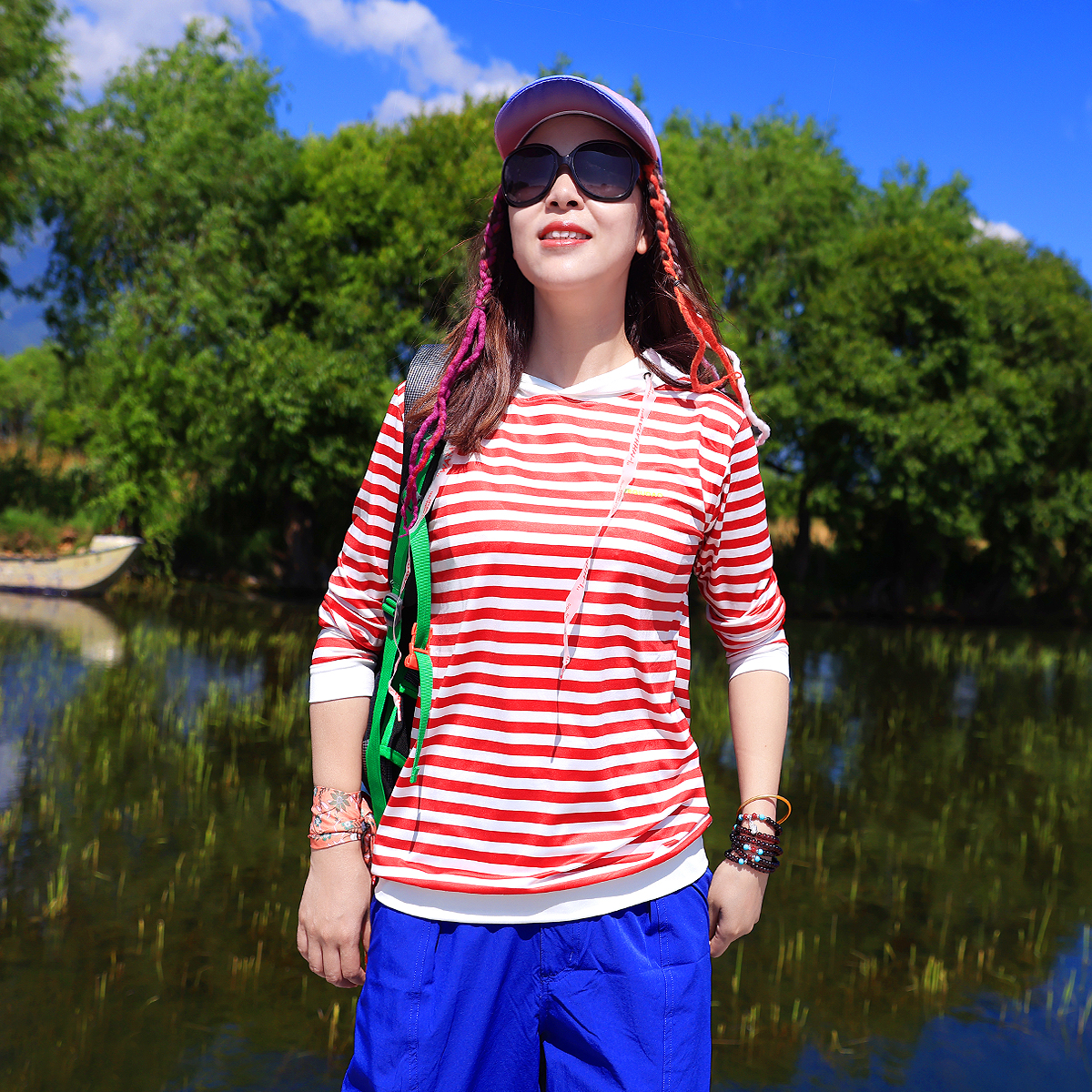 Xueqiu Island outdoor summer new hooded striped quick-drying breathable long-sleeved casual T-shirt mountaineering hiking sports women
