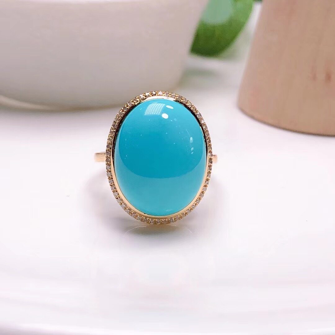 18K gold inlaid natural raw mine green pine stone ring female style simple