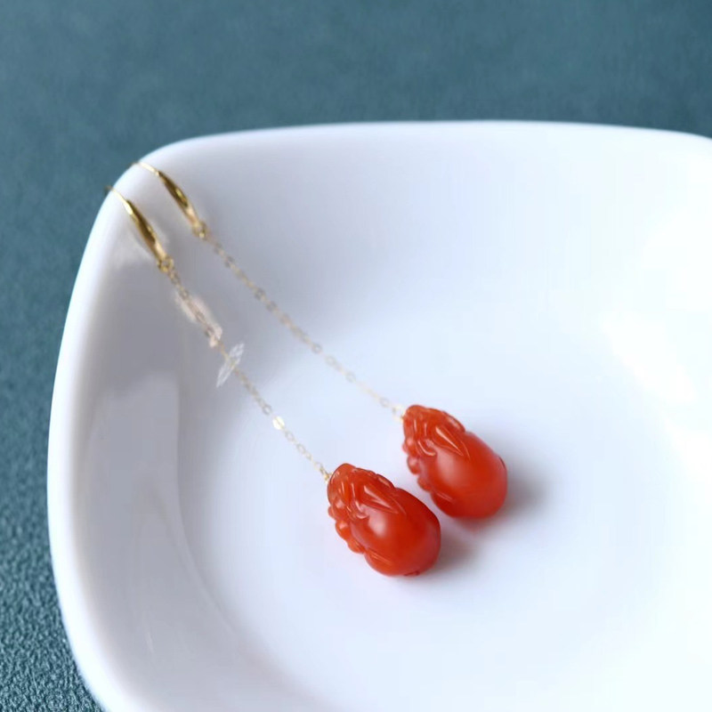 18K gold inlay natural Baoshan South red Manau earbuds female style pendants full of color expats with slim ear hook earrings thread
