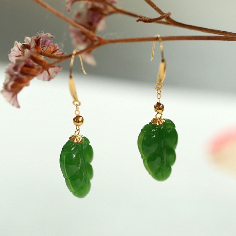 Natural beyjade leaves earrings 18K gold inlay women's gold color Water Yoon Ears Hook Earrings Gold Branches Jade Leaf Earrings