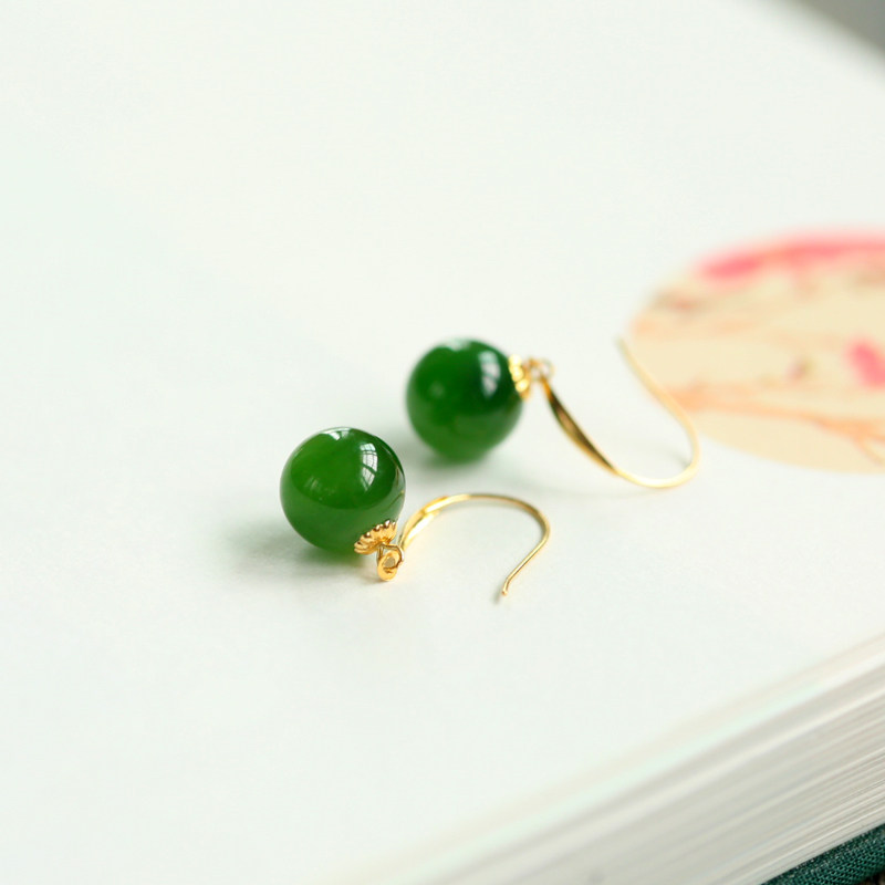Natural Hetian Jasper Earrings 18K Gold Inlaid Women's Ear Hook Earrings Long Edition Earrings Classic Gift Single Bead 8MM