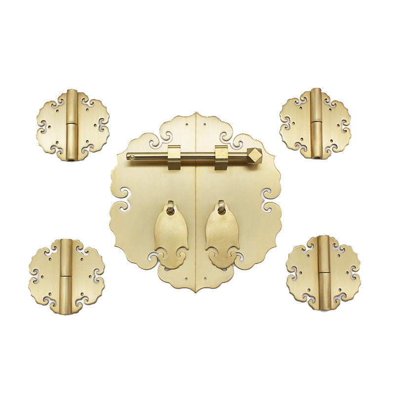 Chinese antique new Chinese classical furniture copper accessories retro lace Ruyi door plate copper handle hinge set thick
