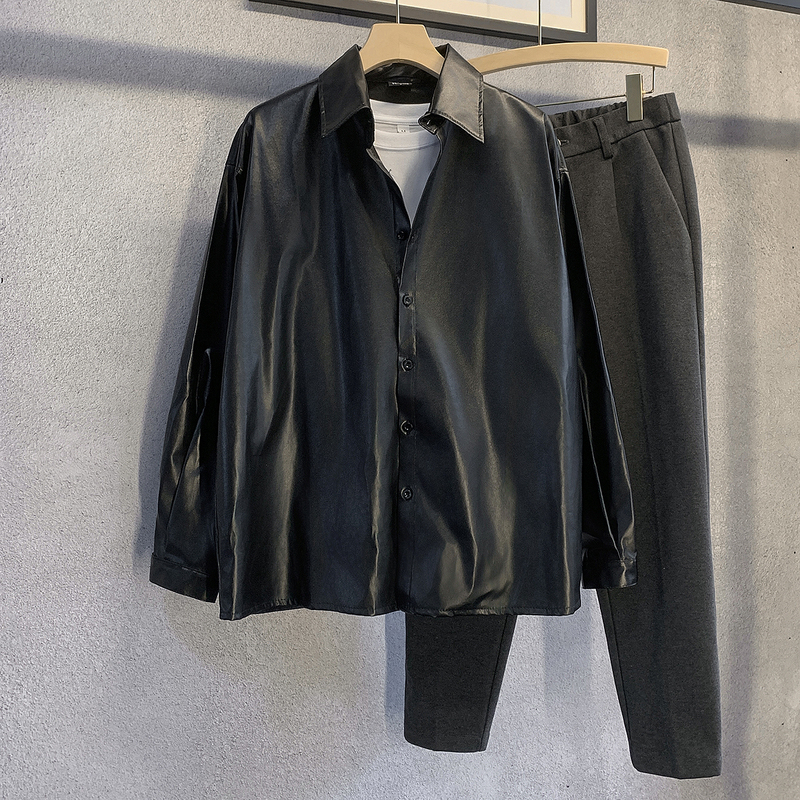 Pu Leather Shirt for Men, Spring and Autumn Style, Korean Version, Trendy, Loose, Harajuku Style, Versatile Button-Up Leather Jacket, Street Style Top