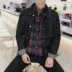 Áo khoác denim phong cách Hồng Kông nam xu hướng hoang dã cộng với nhung dày BF Phong cách cá tính giặt áo khoác sinh viên khoác Áo khoác