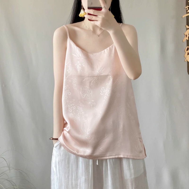 New Chinese Style Summer Solid Color Vest, Jacquard Acetate Satin Loose Top, Women's Base Shirt, Camisole, Trendy