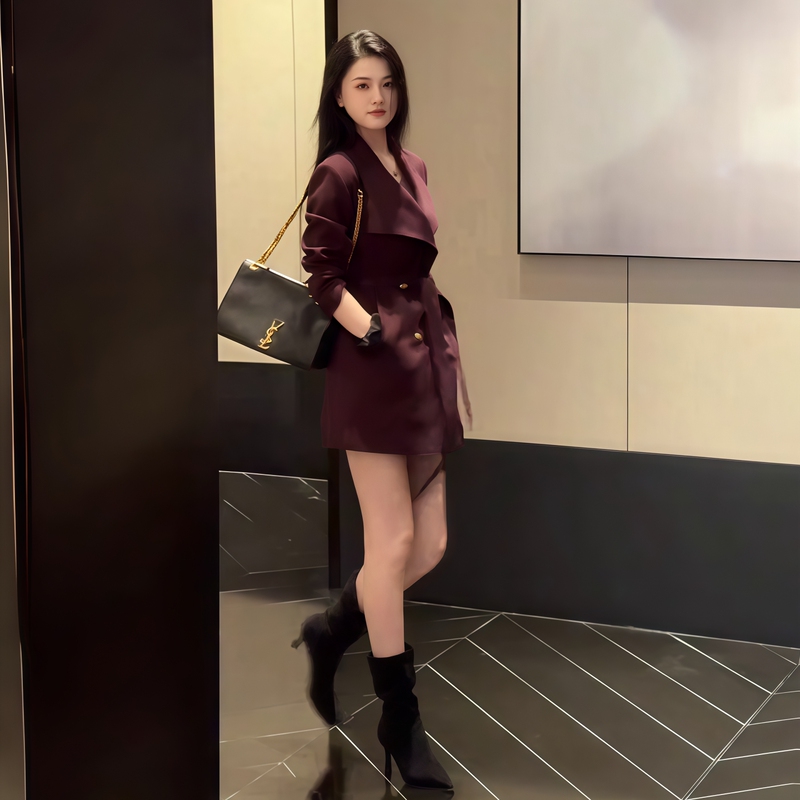 Elegant Purple Fashion Mid-Length Trench Coat for Women, 2026 Spring and Autumn New High-End Casual Waist-Cinching Slim-Fit Jacket