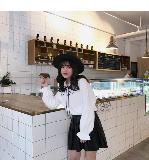 Mùa thu nữ phiên bản Hàn Quốc của áo sơ mi nhung mềm, cổ áo quây dây đeo kèn tay áo chạm đáy áo sơ mi nữ sinh viên sơ mi trắng