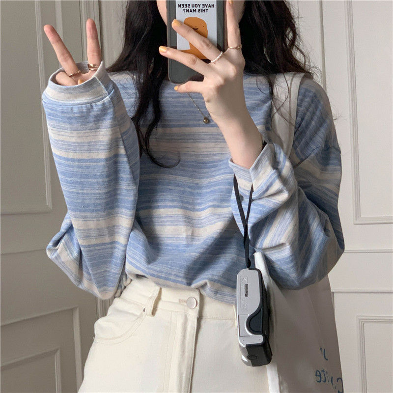 American Retro Striped Long-Sleeve T-Shirt for Women, Spring and Autumn, Loose Fit, Slimming, Round Neck, Inner Layer, Lazy Style Top American Retro Striped Long-Sleeve T-Shirt for Women, Spring and Autumn, Loose Fit, Slimming, Round Neck, Inner Layer, Lazy Style Top