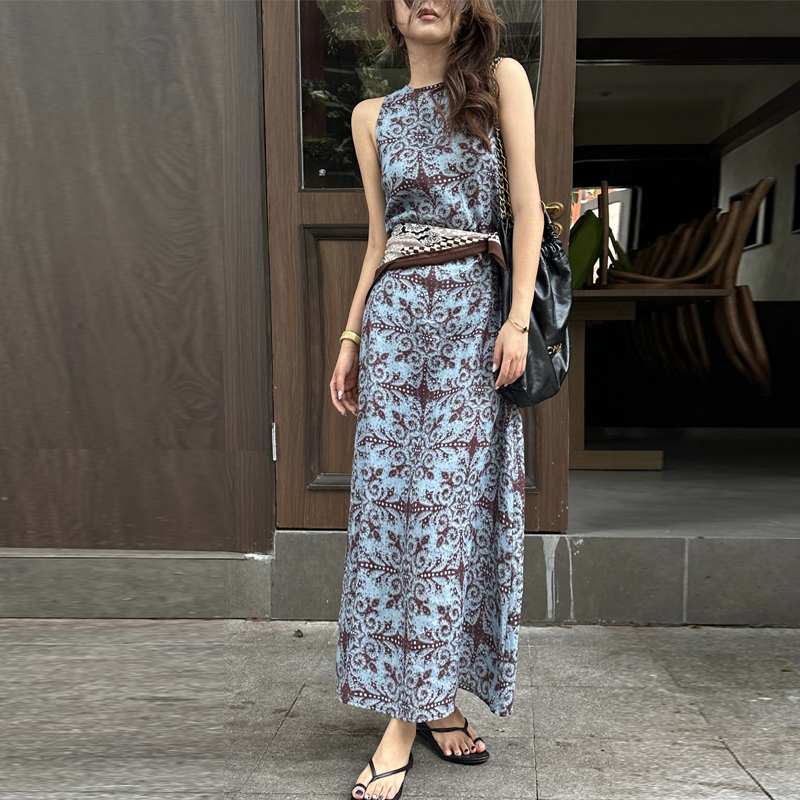 Trendy and Fashionable High-End Summer 100% Linen Bias-Cut Printed Round-Neck Sleeveless A-Line Loose Casual Long Dress