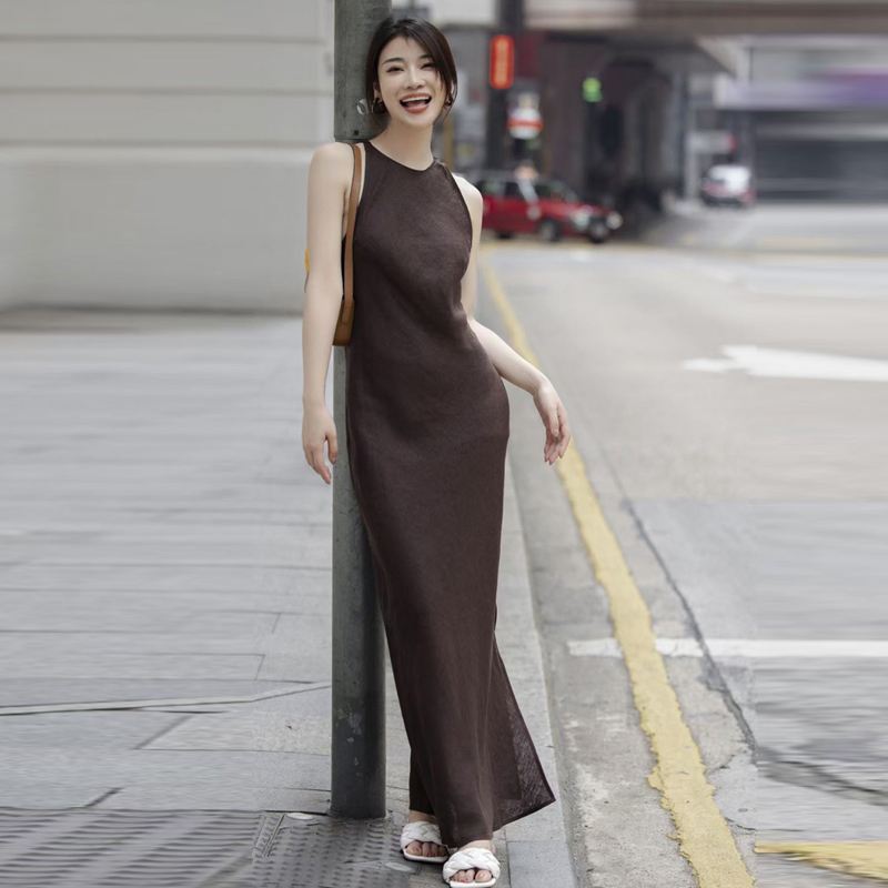 High-End LAOSHU Summer Clothing, 45-Degree Bias-Cut Linen, New Chinese Style, High-End Sleeveless Dress, Feminine Vest-Style Long Dress