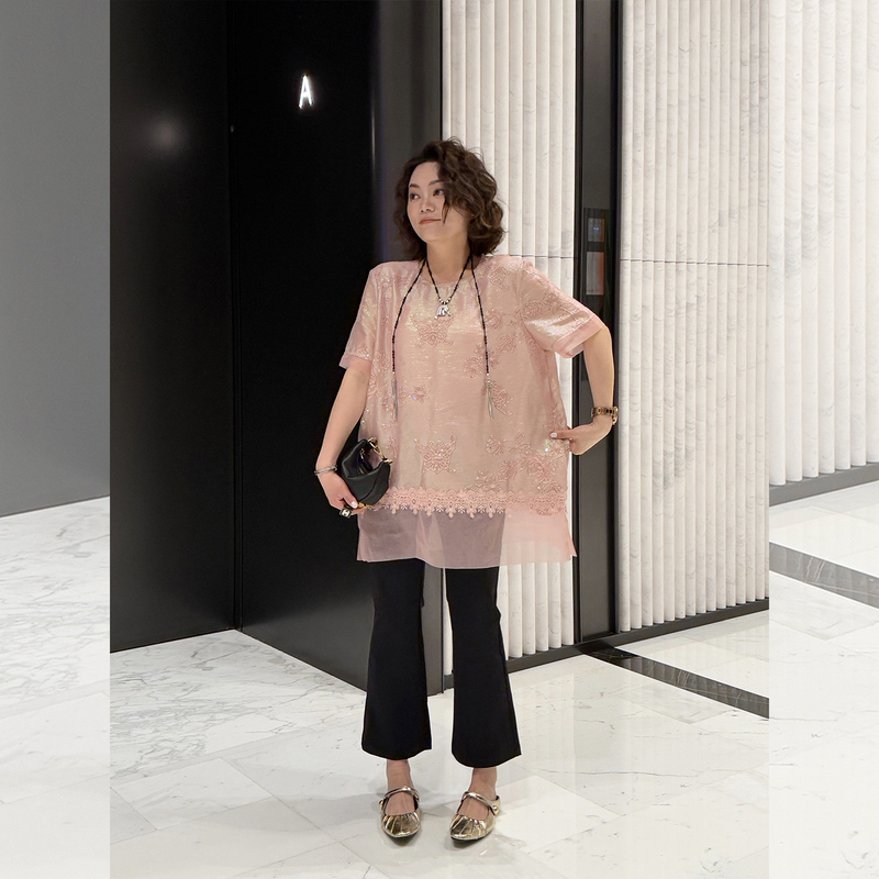 Ydfstudio Niche [Pink and White Style] European-Style Heavy Lace Embroidery Patchwork Design Elegant Top