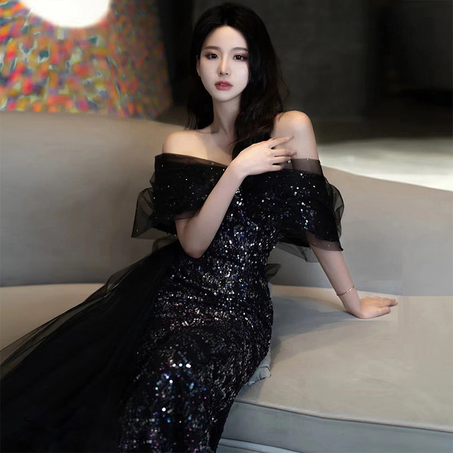 Black fishtail banquet evening dress 2022 new high-end sense French light luxury niche temperament one-shoulder costume