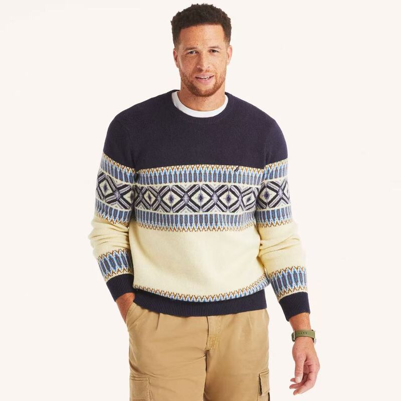 Nautica/Nautica Autumn and Winter Retro Fair Isle Jacquard Loose Large Size Sweater Men's Contrasting Color Round Neck Knitwear