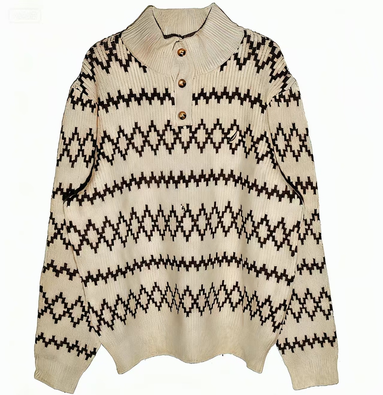 Nautica Men's Retro Diamond Jacquard Half-Turtleneck Sweater Autumn and Winter Cotton Casual Button Knit