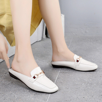 Slippers female outside wearing 2021 new summer flat bottom half trailing genuine leather lazy person Baotou Mueller shoes Soft bottom 100 lap womens shoes