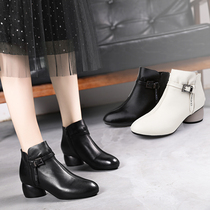 Short Boots Woman Autumn Winter 2020 New Coarse Heel Martin Boots Woman Single Boot Short Barrel Genuine Leather Nude Boots 100 Hitch Heel Women Boots