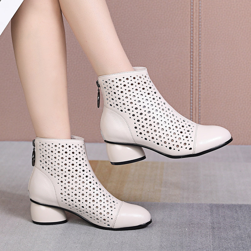 Genuine Leather Hollowed-out Boots Single Boots Woman Spring Autumn 2022 New Women Boots White Dongle Short Boots Cool Boots Summer Women Shoes