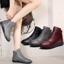Boots spring and autumn short boots flat bottom 2021 new cotton shoes casual womens boots plus velvet leather flat heel soft bottom womens shoes