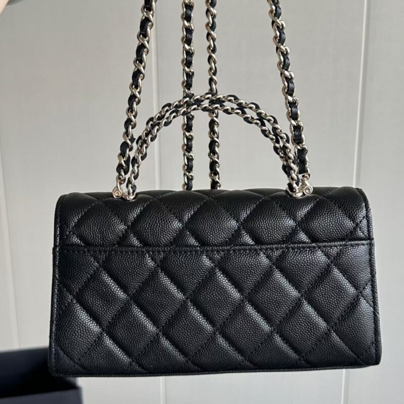 Original Leather High-End Custom Chanel-Style Handle Kelly Horizontal Black Gold Caviar Grain Embossed Calfskin 25S Women's Bag