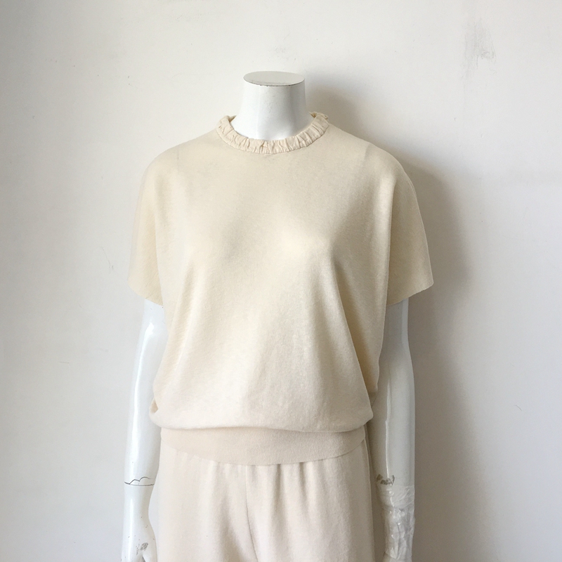 Tang's Store Pleated Round Neck Batwing Sleeve Loose Thin Cotton and Linen Knit Top