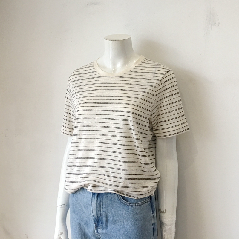 Tang's Store C Brand Standard Fit Round Neck Striped Linen Short-Sleeve T-Shirt
