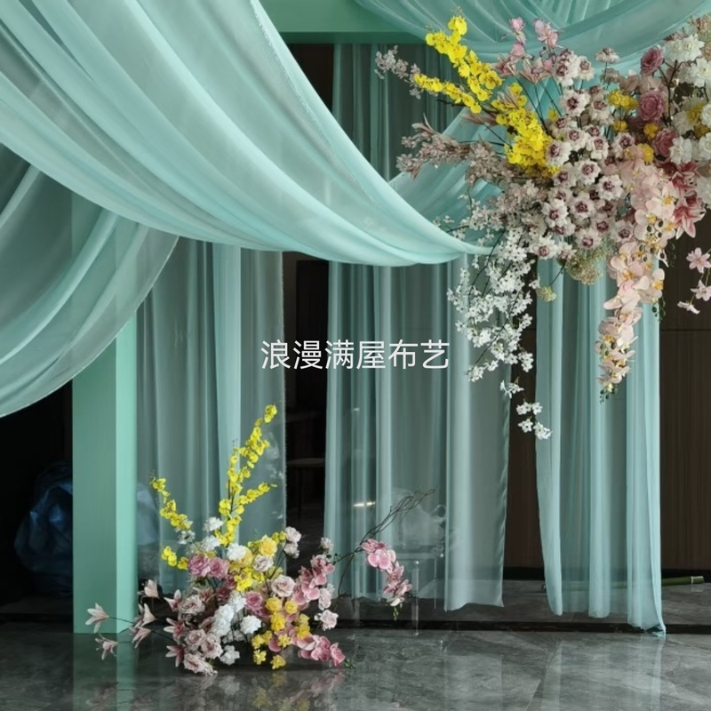 Green, Sky Blue, and Azure Wedding Semi-Transparent Chiffon Drapes for Wedding Venue Decoration, Fresh and Elegant Drapes