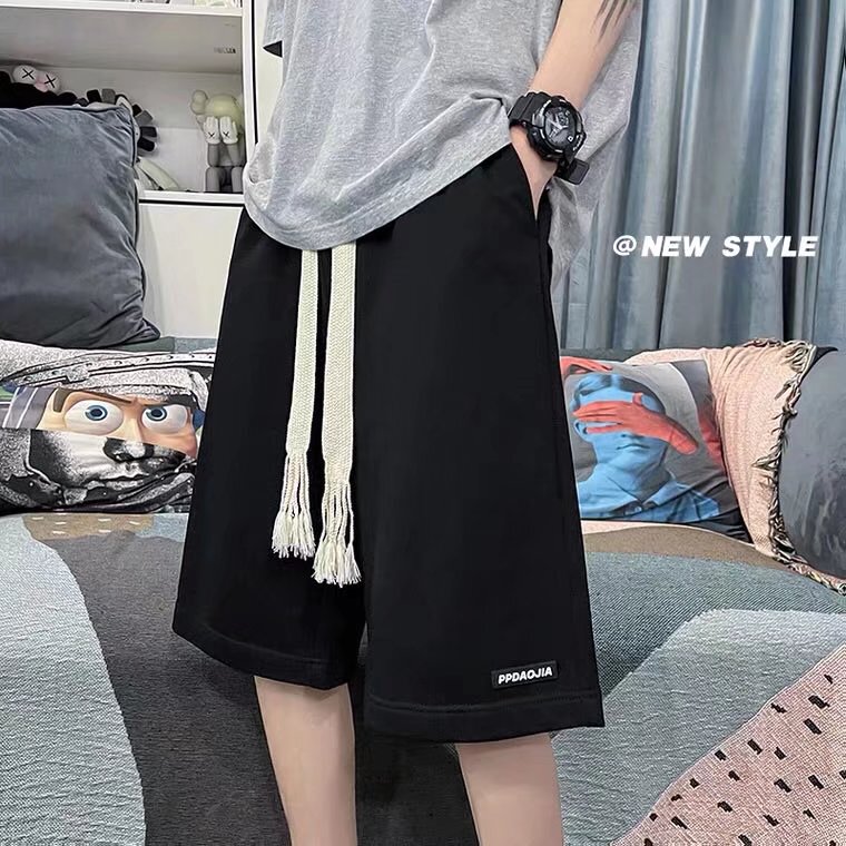 Men's Woven Drawstring Casual Shorts for Summer, Trendy Outerwear, ins Trendy Brand, High Street, Loose Fit, Pure Cotton, Sports 5-Point Shorts