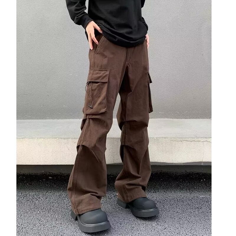 American Retro Street Style Brown Pleated Cargo Pants Unisex Design with Multiple Pockets Straight Loose Pants Trendy American Retro Street Style Brown Pleated Cargo Pants Unisex Design with Multiple Pockets Straight Loose Pants Trendy