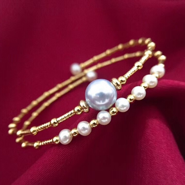 14K Gold-Plated Genuine Pearl Bracelet with Round Blue-Gray Pearls and Star-Shaped Gold-Plated Beads, Gift