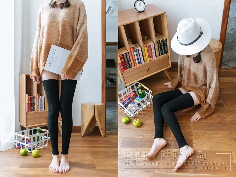 Mùa thu và mùa đông cashmere dày và quần legging dài đến đầu gối Nhật Bản màu rắn thỏ len cao đến đầu gối