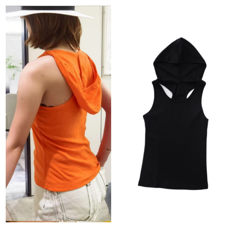 2025 New Korean Style Camisole Tank Top Slim Fit Sports Casual Hooded Undershirt Pure Cotton Summer Wear for Women