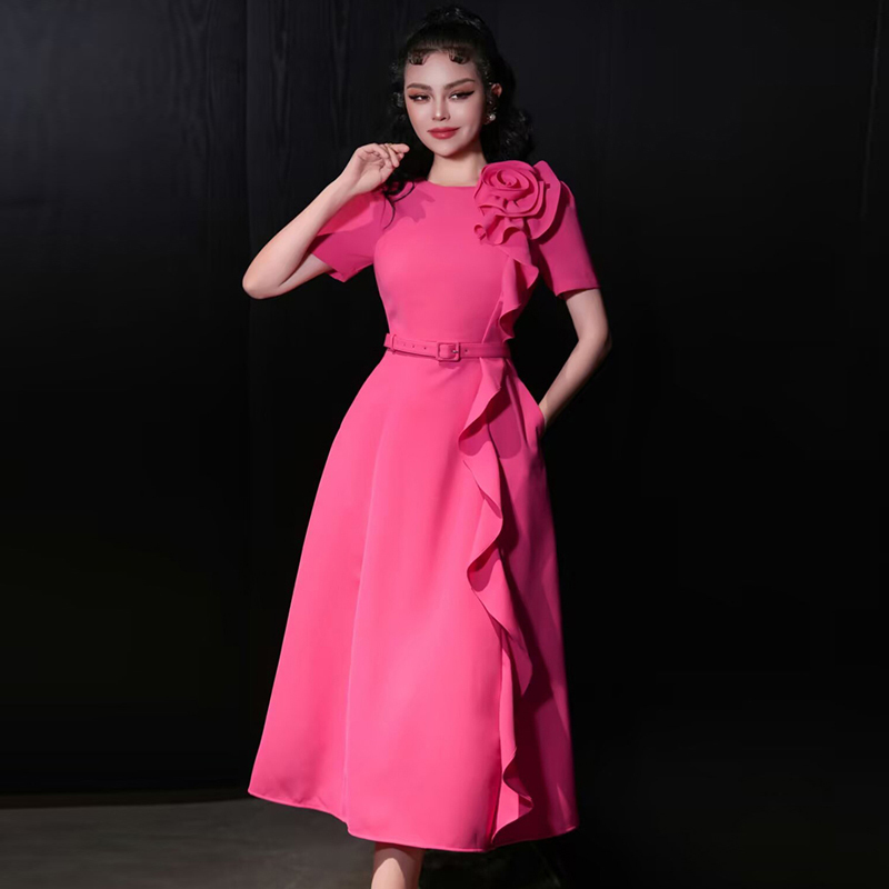 Rose Red Unique and Beautiful Little Dress, Banquet Art Exam Long Dress, Heavy-Duty Three-Dimensional Flower Light Luxury High-End Dress