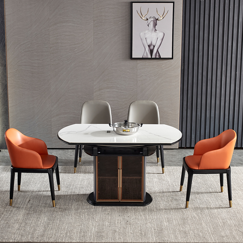 Postmodern light luxury multi-functional bright intelligent induction cooker rock plate dining table retractable folding round solid wood dining table