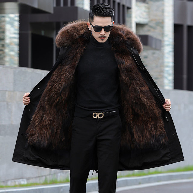 Parker men's 2023 new mid-length fur integrated winter raccoon fur removable liner fur coat