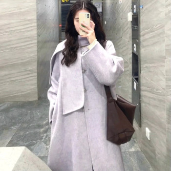 韩系紫色呢子大衣女秋冬新款中长款高级感小个子气质百搭毛呢外套
