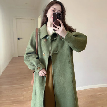秋冬复古赫本风绿色翻领毛呢大衣女中长款宽松显瘦单排扣呢子外套