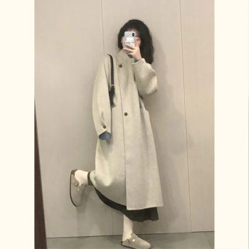高级设计感米白色呢子大衣女秋冬新款韩版小个子百搭毛呢外套加厚