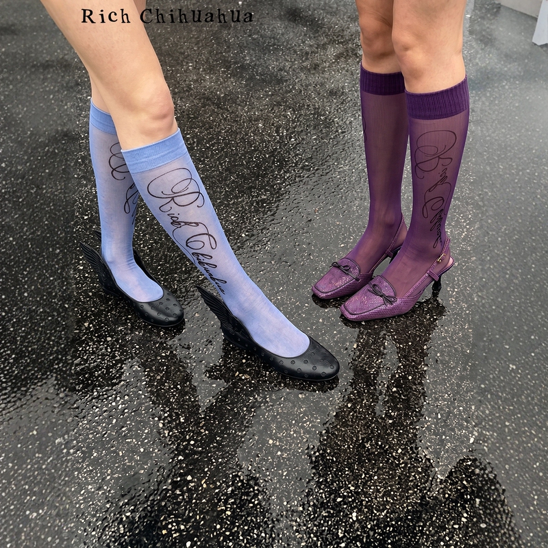 Official Rich Chihuahua Rich Chihuahua Haze Blue/Purple Letter Print Long Socks Official Rich Chihuahua Rich Chihuahua Haze Blue/Purple Letter Print Long Socks