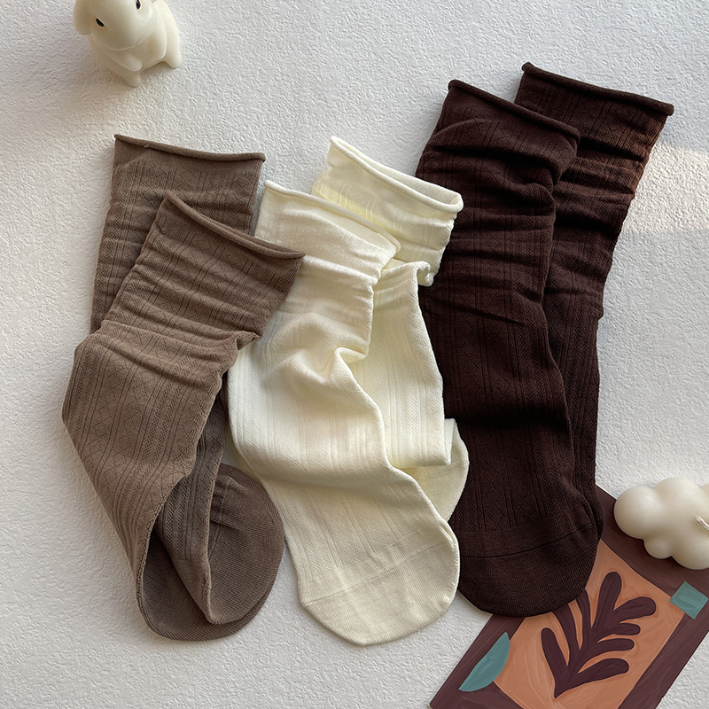 Japanese Spring and Summer Thin Stacked Socks for Women, Rolled Edge Loose Mid-Calf Socks, Seamless Elastic Argyle Solid Color Cotton Socks to Match Leather Shoes
