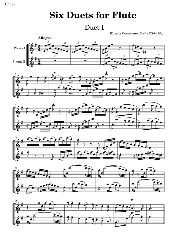 W.F. Bach 6 Flute Duets High-Definition Score and Parts