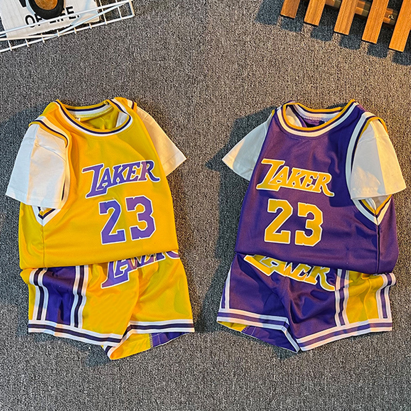 Children's Short-Sleeved Fake Two-Piece Basketball Uniform Baby Split Quick-Drying Jersey Sports Suit No. 23 James Training Suit
