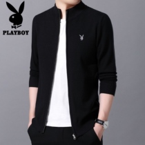 Playboy sweater men slim fit autumn and winter plus velvet knitted thread clothing Korean version trend wearing cardigan mens coat