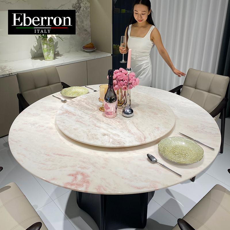 Alberton Italian Minimalist Fendi Pink Luxury Stone Round Table with Turntable, Natural Marble Large-Sized Light French Dining Table Alberton Italian Minimalist Fendi Pink Luxury Stone Round Table with Turntable, Natural Marble Large-Sized Light French Dining Table