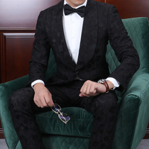 IsirHonour Business Gentleman Black Jacquard Evening Suit British Banquet Wedding Suit Set Men Tide